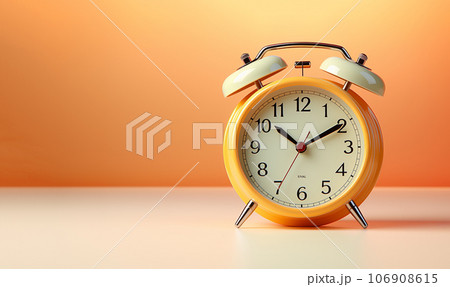 Red vintage alarm clock on colorful pastel bright background with copy space, yellow,orange colored. Minimalism creative layout 106908615