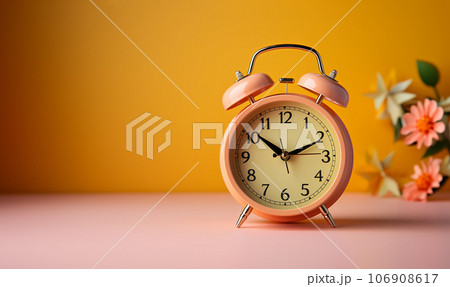 Red vintage alarm clock on colorful pastel bright background with copy space, yellow,orange colored. Minimalism creative layout 106908617