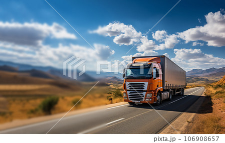 Truck driving on the asphalt road in rural landscape sunny day with blue sky. Alone on the Freeway pulling load. Transportation,cars, theme 106908657