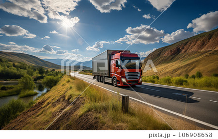 Truck driving on the asphalt road in rural landscape sunny day with blue sky. Alone on the Freeway pulling load. Transportation,cars, theme 106908658