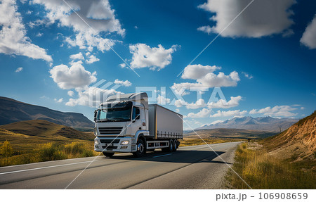 Truck driving on the asphalt road in rural landscape sunny day with blue sky. Alone on the Freeway pulling load. Transportation,cars, theme 106908659