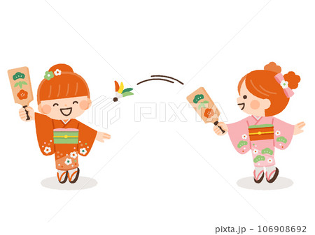 着物を着て羽子板で遊ぶ女の子たち2人のイラスト素材 106908692