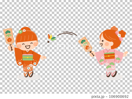 兩個穿著和服和羽子板玩耍的女孩插畫素材 兩個穿著和服和羽子板玩耍的女孩插畫素材 106908692