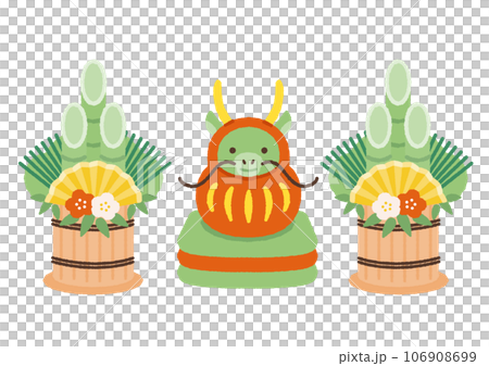 Illustration material of Daruma dragon riding on Kadomatsu and cushion 106908699