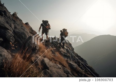 Hikers climbing on mountain. Help, risk and support concept. Neural network generated picture Hikers climbing on mountain. Help, risk and support concept. Neural network generated picture 106908703