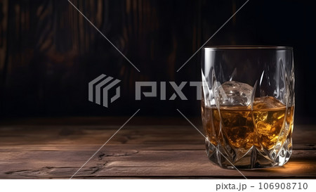 Whiskey on rocks in glass on rustic wooden background with copy space, neural network generated image 106908710
