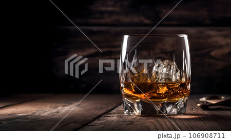 Whiskey on rocks in glass on rustic wooden background with copy space, neural network generated image 106908711