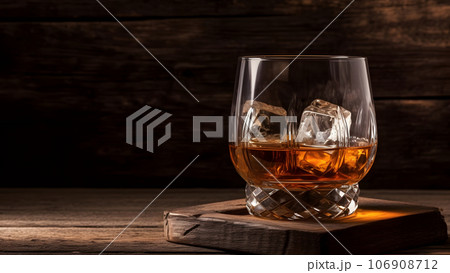 Whiskey on rocks in glass on rustic wooden background with copy space, neural network generated image 106908712