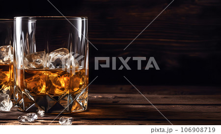 Whiskey on rocks in glass on rustic wooden background with copy space, neural network generated image 106908719