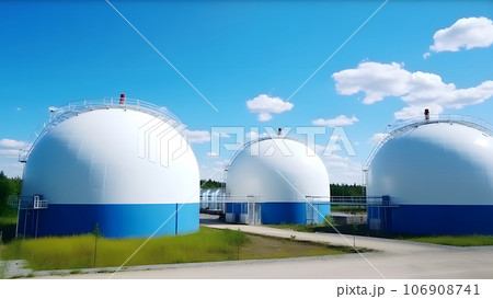 white spherical tanks for storing hydrogen gas at outdoor storage facility, neural network generated image white spherical tanks for storing hydrogen gas at outdoor storage facility, neural network generated image 106908741