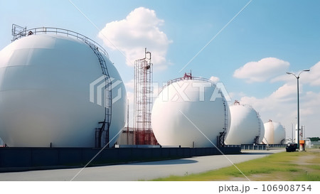 white spherical tanks for storing hydrogen gas at outdoor storage facility, neural network generated image white spherical tanks for storing hydrogen gas at outdoor storage facility, neural network generated image 106908754