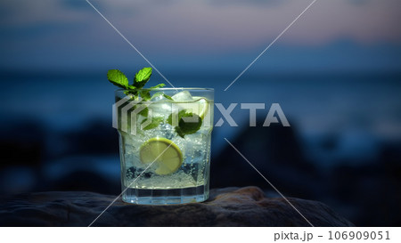 a glass of refreshing green mint mojito summer drink on sea background at summer evening, closeup with selective focus and copy space, neural network generated image 106909051