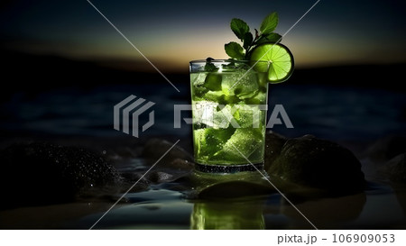 a glass of refreshing green mint mojito summer drink on sea background at summer night, closeup with selective focus and copy space, neural network generated image 106909053