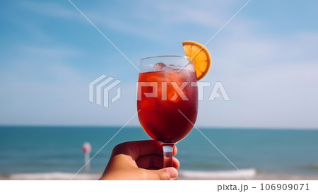 caucasian hand holding glass of red fruit cocktail on blurry sea horizon background at sunny day, neural network generated image caucasian hand holding glass of red fruit cocktail on blurry sea horizon background at sunny day, neural network generated image 106909071