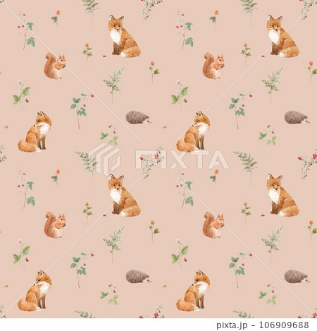 Beautiful seamless pattern with hand drawn watercolor forest fox squirrel hedgehog animals and plants. Stock illustration. Popular design. Beautiful seamless pattern with hand drawn watercolor forest fox squirrel hedgehog animals and plants. Stock illustration. Popular design. 106909688