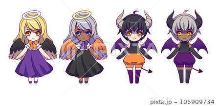 天使と悪魔の衣装を着た子供のアニメ風のキャラクターのデフォルメ全身イラストセット（ハロウィンカラー） 106909734