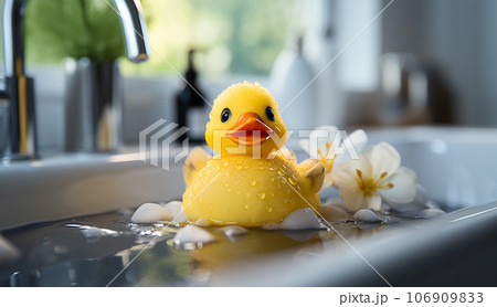 Yellow Rubber duck. Funny kids inflatable toy by bathtub with copy space, bathroom decoration concept Yellow Rubber duck. Funny kids inflatable toy by bathtub with copy space, bathroom decoration concept 106909833