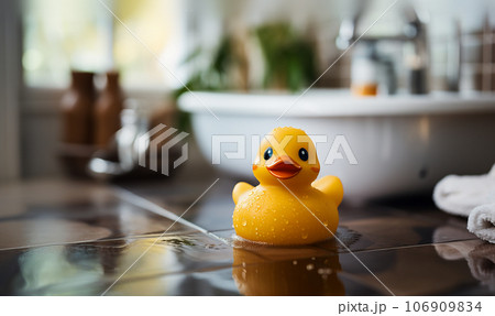 Yellow Rubber duck. Funny kids inflatable toy by bathtub with copy space, bathroom decoration concept 106909834