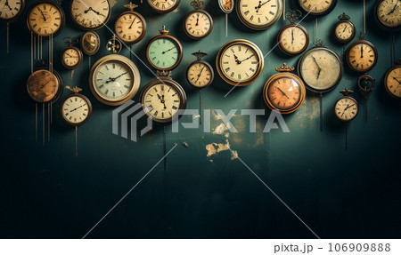 Collection of vintage clock hanging on an old green wall,retro stylish design. Round clocks show different times. 106909888