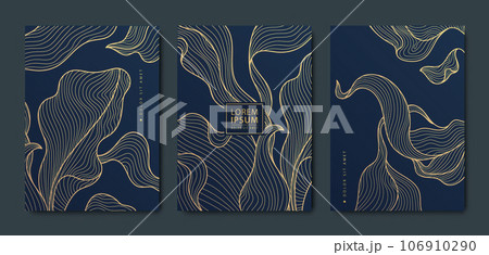 Vector japanese leaves art, algae deco patterns. Floral golden elements template in vintage style. Luxury black line covers, flyers, brochures, packaging design, social media post, banners. 106910290