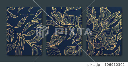 Vector japanese leaves art deco patterns. Floral golden elements template in vintage style. Luxury black line covers, flyers, brochures, packaging design, social media post, banners. 106910302