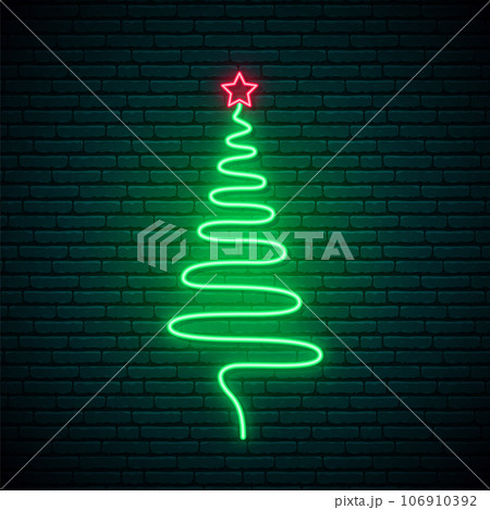 Decorative neon shining Christmas tree with star.  106910392