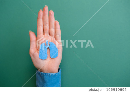 World pneumonia day. Female's hands hold the cut-out silhouette of the lungs. Flat lay. Green background. Copy space 106910695