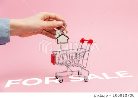 Female hand holding a key and house keychain on pushcart. Pink background with sale text. Concept of leasing of real estate and mortgage 106910700