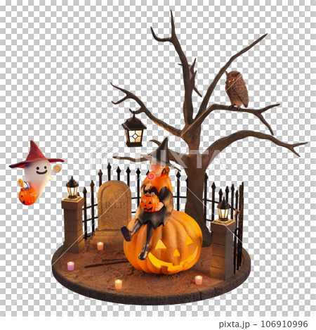 小さな魔女はハロウィンの夜に無邪気に遊ぶ / レイアウト用ハロウィンヴィネット / 3Dレンダリング 106910996