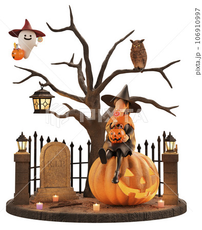 小さな魔女はハロウィンの夜に無邪気に遊ぶ / レイアウト用ハロウィン