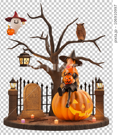 小女巫在萬聖節之夜天真地玩耍/萬聖節小插圖佈局/3D 渲染 小女巫在萬聖節之夜天真地玩耍/萬聖節小插圖佈局/3D 渲染 106910997