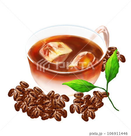 アイスカフェオレと葉とコーヒー豆 106911446