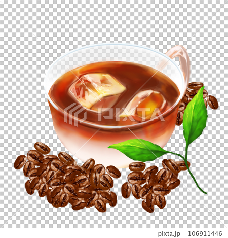 アイスカフェオレと葉とコーヒー豆 106911446