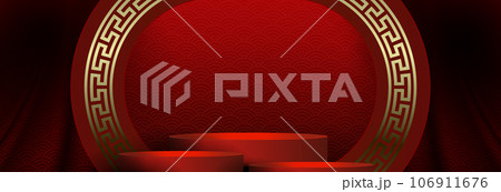 Red composition with stage, oval frame with golden color pattern Red composition with stage, oval frame with golden color pattern 106911676