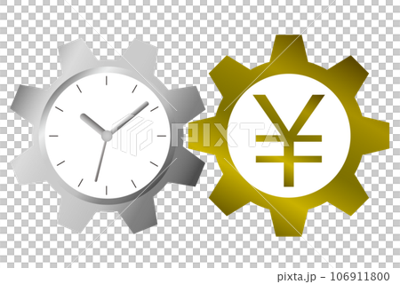 時間とお金の歯車。Time is money.「時は金なり」を表すイラスト。 106911800