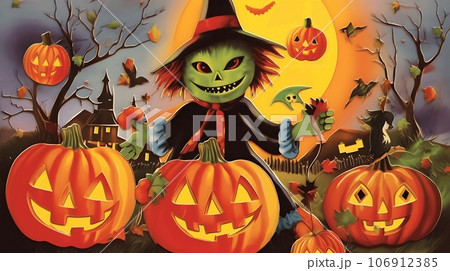 秋 ハロウィン 満月の月明かりの下 3個のかぼちゃランタンとかかしのようなお化けがみんなをお出迎え 秋 ハロウィン 満月の月明かりの下 3個のかぼちゃランタンとかかしのようなお化けがみんなをお出迎え 106912385