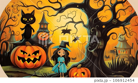 秋 ハロウィン 幻想的な屋敷と枯れ木 かわいい魔女と黒猫と大きな