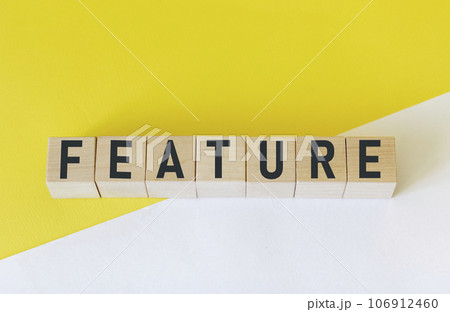 The word FEATURE is composed of building blocks on a white and yellow background. 106912460