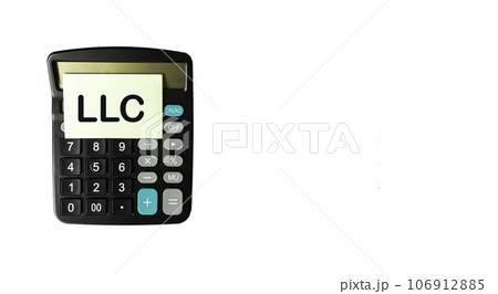 LLC - limited liability company, abbreviation on a sticker with a calculator on a white background.  106912885