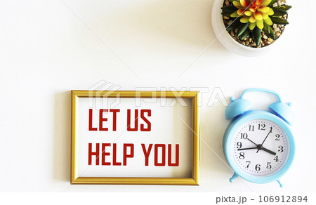 Let's work for you note with alarm clock and cactus flower on white background 106912894