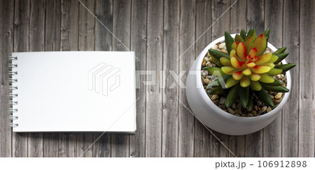 Blank sheet of paper and cactus flower on wooden table, top view Blank sheet of paper and cactus flower on wooden table, top view 106912898