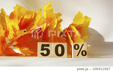 50 percent written on wooden blocks against orange foliage background and white backdrop 50 percent written on wooden blocks against orange foliage background and white backdrop 106912987
