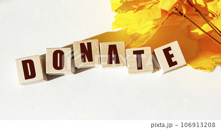 Donate text on wooden blocks and white background with yellow foliage 106913208