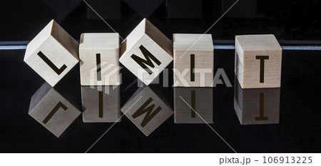 Restriction, word on wooden cubes, business concept. Black mirror background 106913225