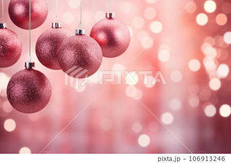 Pink trendy Christmas hanging decorations on pink background 106913246