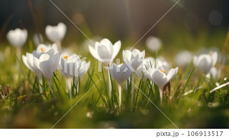 Purple spring crocus flowers growth in the snow Purple spring crocus flowers growth in the snow 106913517