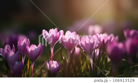 Purple spring crocus flowers growth in the snow 106913529