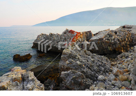 Fort Mezaluna Mesaluna Citadel Citadela Montenegro, Herceg Novi. The ruins of an ancient stone fortress, destroyed in an earthquake, fell into the Adriatic Sea, the Mediterranean. Tourist attractions 106913607