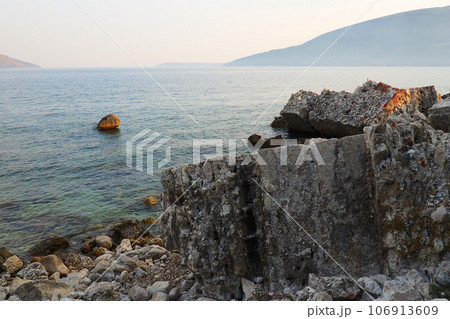 Fort Mezaluna Mesaluna Citadel Citadela Montenegro, Herceg Novi. The ruins of an ancient stone fortress, destroyed in an earthquake, fell into the Adriatic Sea, the Mediterranean. Tourist attractions Fort Mezaluna Mesaluna Citadel Citadela Montenegro, Herceg Novi. The ruins of an ancient stone fortress, destroyed in an earthquake, fell into the Adriatic Sea, the Mediterranean. Tourist attractions 106913609