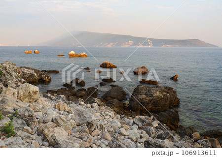 Fort Mezaluna Mesaluna Citadel Citadela Montenegro, Herceg Novi. The ruins of an ancient stone fortress, destroyed in an earthquake, fell into the Adriatic Sea, the Mediterranean. Tourist attractions Fort Mezaluna Mesaluna Citadel Citadela Montenegro, Herceg Novi. The ruins of an ancient stone fortress, destroyed in an earthquake, fell into the Adriatic Sea, the Mediterranean. Tourist attractions 106913611